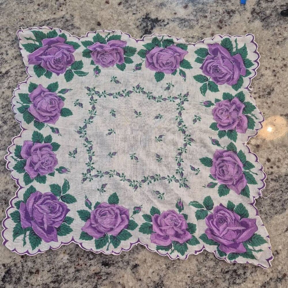 Handkerchief, Vintage White & Purple Rose Cotton 13" x 12", see damage in photos